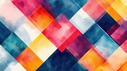 Vibrant abstract watercolor pattern featuring geometric shapes in bold colors.