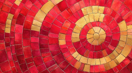 Vibrant red and gold mosaic pattern showcasing spiraling designs, creating a dynamic visual effect.