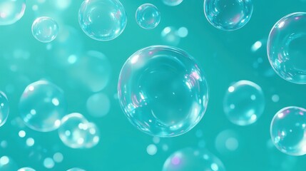 Translucent bubbles floating gracefully in a vibrant turquoise background, creating a serene and whimsical atmosphere.