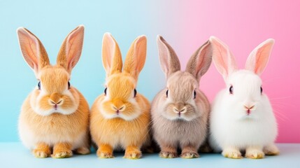 Fototapeta premium rabbits in different colors sitting side by side on a pastel background, celebrating Adopt a Rescued Rabbit Month.