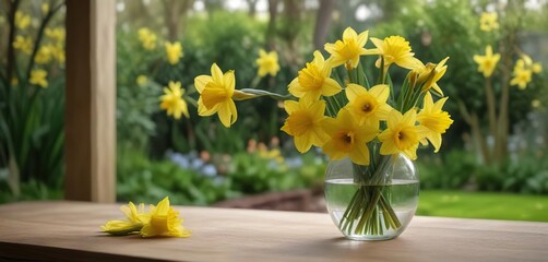 Fresh cut yellow daffodils arranged in a clear glass vase against a garden backdrop, arrangement, vase, yellow