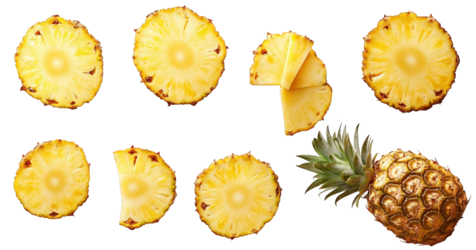 a whole pineapple with slices and wedges on a transparent background. showing the different ways to cut a pineapple
