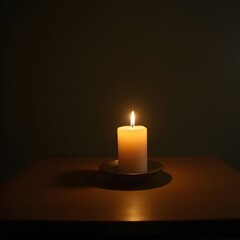 Single Burning Candle on Table in Dark Room