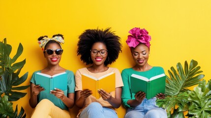 African American women smiling and reading books together against a vibrant yellow background, celebrating the African American Read-In.