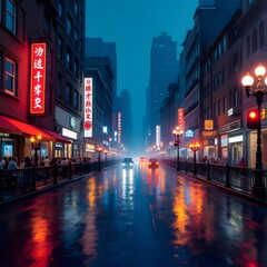 Rainy City Night Neon Lights Wet Street