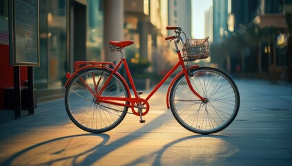 Red Bicycle Parked on a City Sidewalk