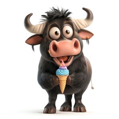 Adorable 3D buffalo character with ice cream on white background, cartoon style, bright colors, standing pose, high-resolution, smiling face