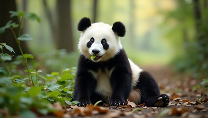 Obraz premium A playful panda enjoying leaves in a serene forest setting.