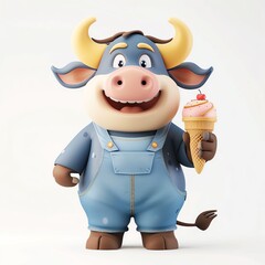 Adorable 3D buffalo character with ice cream on white background, cartoon style, bright colors, standing pose, high-resolution, smiling face