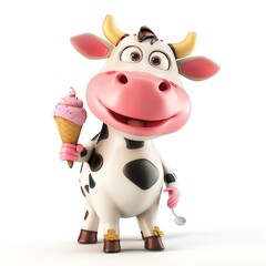 Adorable 3D cow character with ice cream on white background, cartoon style, bright colors, standing pose, high-resolution, smiling face