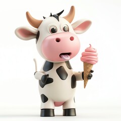 Adorable 3D cow character with ice cream on white background, cartoon style, bright colors, standing pose, high-resolution, smiling face