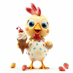 Adorable 3D chicken character with ice cream on white background, cartoon style, bright colors, standing pose, high-resolution, smiling face