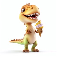 Adorable 3D dinosaur character with ice cream on white background, cartoon style, bright colors, standing pose, high-resolution, smiling face