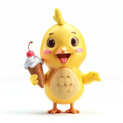 Adorable 3D chicken character with ice cream on white background, cartoon style, bright colors, standing pose, high-resolution, smiling face