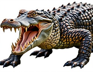 Obraz premium A razor-sharp close-up of a snarling alligator, its jaws wide open to reveal gleaming white teeth and piercing brown eyes fixed intently on something to the left