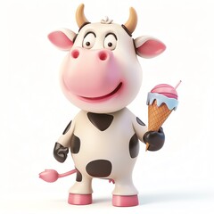 Charming 3D cow clipart holding ice cream, isolated white backdrop, bright and colorful, cartoon style, friendly face, detailed features, centered