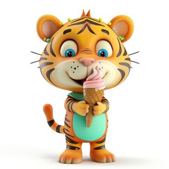 Charming 3D tiger clipart holding ice cream, isolated white backdrop, bright and colorful, cartoon style, friendly face, detailed features, centered