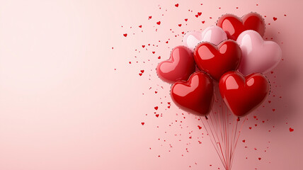 Heart-shaped balloons tied to a thread on a pink background with cofetti, background with copy space, parties or gifts