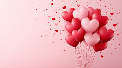 Red heart shaped balloons on pink background with confetti, Happy Valentine's Day, birthday, love day, mother's day