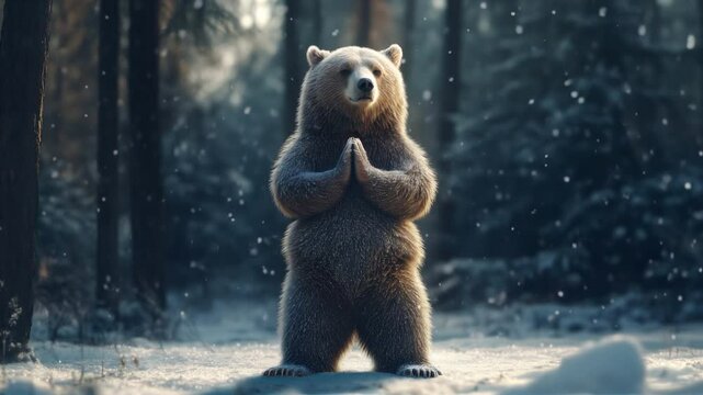 Serene yoga Bear Standing in Snowy Winter Forest with Meditative Pose, Surrounded by Falling Snowflakes. Video made using Generative AI.