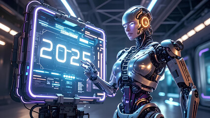 Fototapeta premium 2025 3d text effect futuristic technology robotic cyborg 