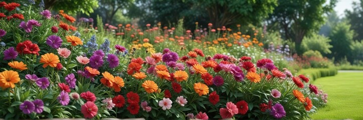 Naklejka premium Large garden flowers blooming in a lush green garden, floral, nature, garden