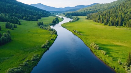 Obraz premium Serene River Flowing Through Lush Green Landscape