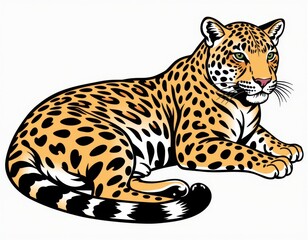 A vibrant, cartoon leopard faces to the right with bold yellow and black spots. Its striking black and white tail and bright yellow head make for a stunning visual contrast