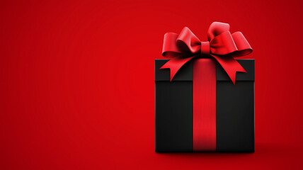 Front view of a black elegant gift box with red ribbon, gift box on red background with copy space