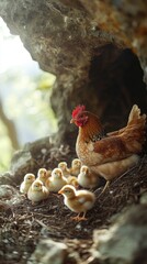A hen and her chicks nestled in a rocky nook, showcasing maternal care in nature.