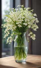 Lilies of valley in a glass vase with a ribbon tie, elegant decor, tied bouquet, flower arrangement