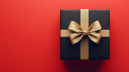 Elegant and glamorous black gift box with gold bow on a red background with copy space