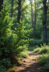 Lush foliage of bright green blueberry shrubs in forest , nature, dense foliage