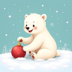 Cute Polar Bear Cub with Christmas Ornament