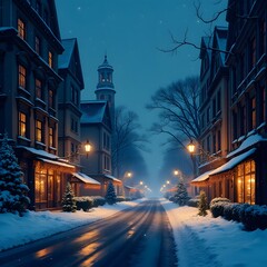 Snowy Christmas Town Street at Night