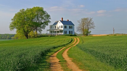 Obraz premium White farmhouse on a hill with a winding dirt road leading to it, surrounded by green fields under a clear blue sky.
