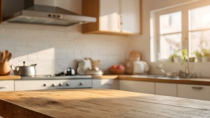 Empty wooden table in a bright white kitchen with blurred bokeh sunshine background and warm interior lighting