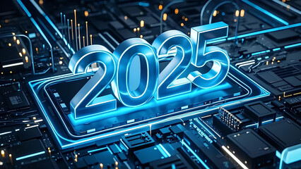 2025 3d text effect futuristic technology on circuit board background
