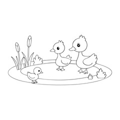A cute coloring page featuring ducklings swimming in a pond, surrounded by lily pads and flowers. Perfect for kids to enjoy coloring these adorable, fluffy creatures!