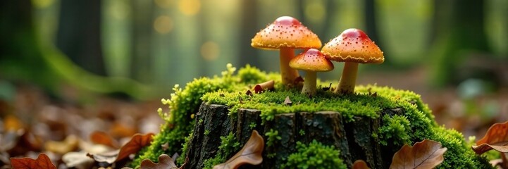 Moss-covered stump with mushrooms and caps growing in autumn forest, mushroom caps, moss, forest