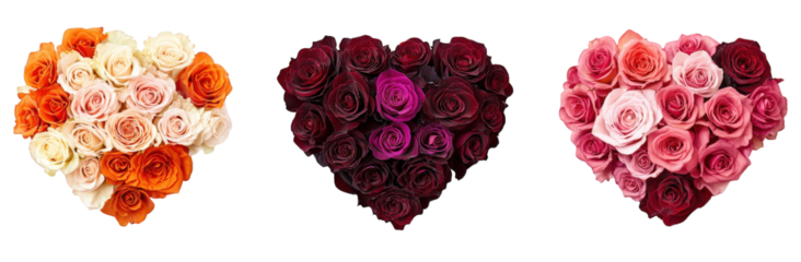 three heart-shaped bouquets of roses in different colors the bouquets are arranged in a row from left to right orange and white. burgundy and purple. and pink and red the flowers are arranged in a hea