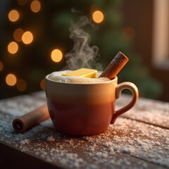 Steaming Keto Coffee with Butter Cinnamon Holiday Lights
