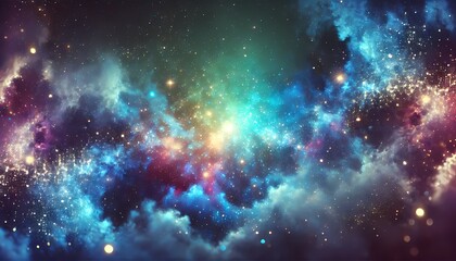 Obraz premium Cosmic scene with deep blues, purples, glowing stardust, and gradients of green and yellow