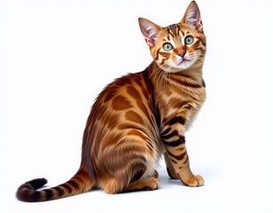 Fototapeta premium A majestic Bengal cat sits regally on a pristine white backdrop, its piercing gaze directed rightward as its sinuous tail curves elegantly leftward amidst a rich brown and black striped coat