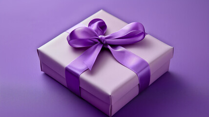 Obraz premium top view of gift box with lilac wrapping tied with purple ribbon on a lilac surface with copy space