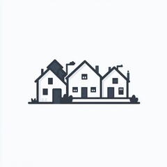 A minimalist illustration of three houses with simple designs and greenery.