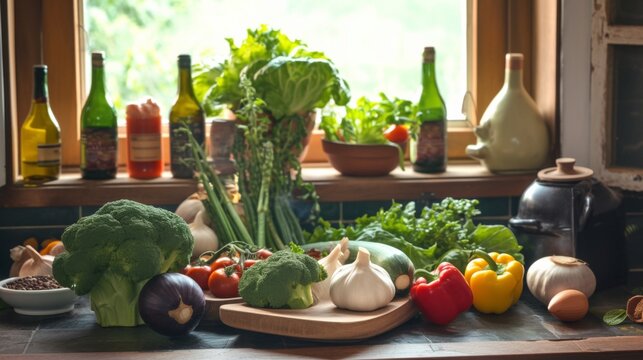 Close-up of a healthy vegan meal with a variety of fresh vegetables and raw produce on the table, promoting wellness lifestyles and the concept of eating healthy food for good health.