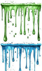 abstract dripping green and blue paint on transparent background