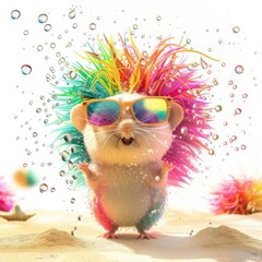 Fototapeta premium Cute funny hamster with colorful hair enjoying a playful moment in the water