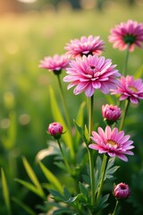 Obraz premium Pink chrysanthemum flowers growing in a field with tall grass, grow, chrysanthemum, blooming